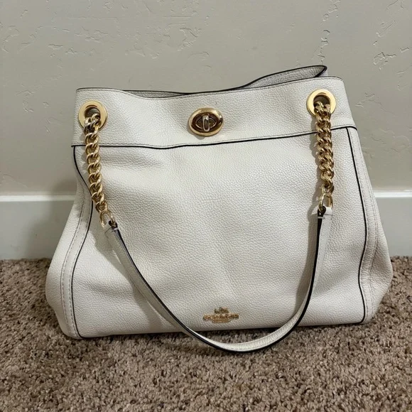 Coach Turnlock Edie Shoulder Bag, White with Chains - Picture 1 of 16